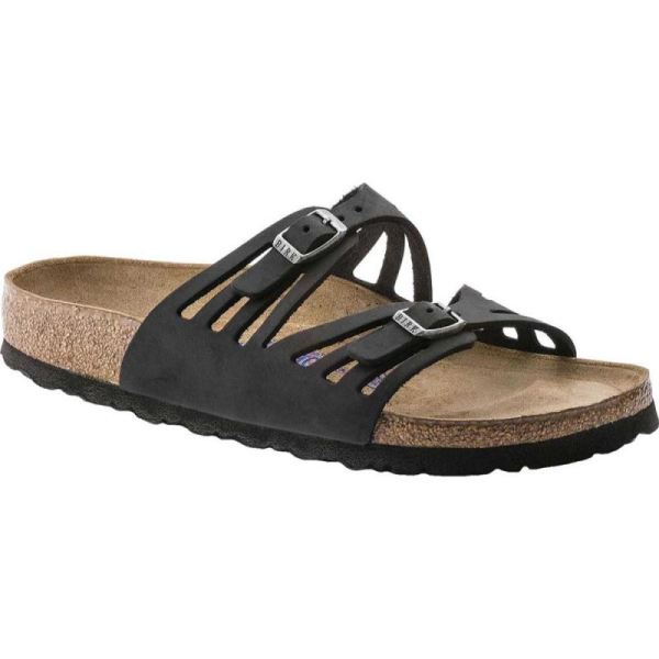 Women's Birkenstock Granada Soft Footbed Slide Black Oiled Leather - Click Image to Close