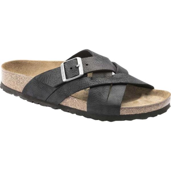 Men's Birkenstock Lugano Oiled Leather Slide Camberra Black Oiled Nubuck Leather - Click Image to Close