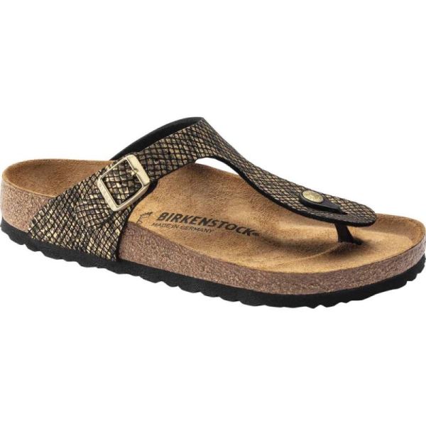 Women's Birkenstock Gizeh Thong Sandal Shiny Python Black Microfiber - Click Image to Close