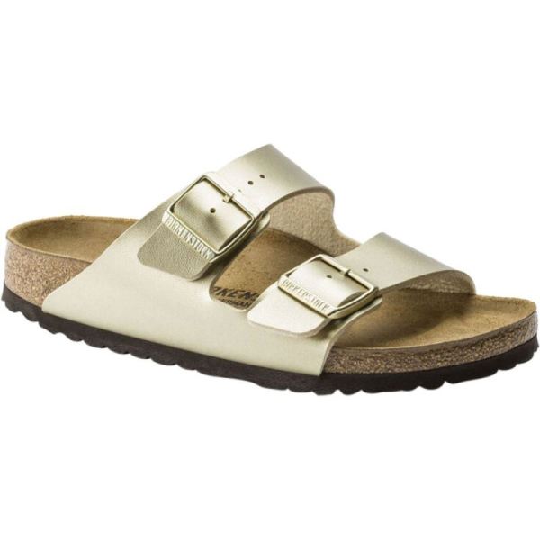 Women's Birkenstock Arizona Buckle Two Strap Slide Gold Birko-Flor