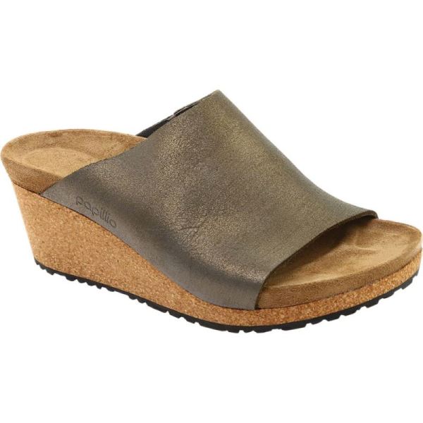 Women's Birkenstock Papillio Namica Wedge Slide Metallic Stone Gold Leather - Click Image to Close