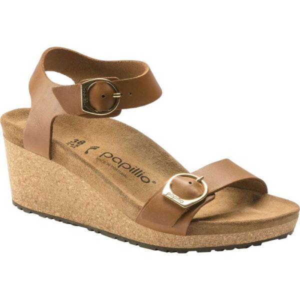 Women's Birkenstock Papillio Soley Ankle Strap Wedge Sandal Ginger Brown Leather