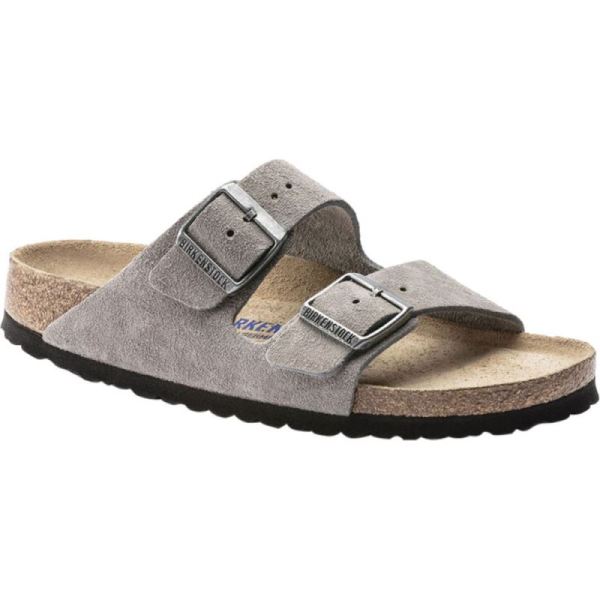 Women's Birkenstock Arizona Suede Soft Footbed Two Strap Slide Stone Coin Suede - Click Image to Close