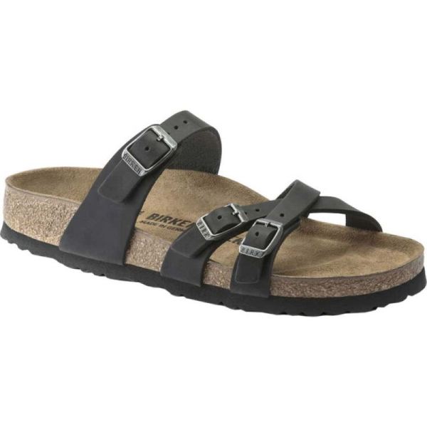 Women's Birkenstock Franca Oiled Leather Strappy Slide Black Oiled Leather