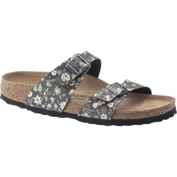 Women's Birkenstock Sydney Vegan Slide Magical Flower Dark Teal Birko-Flor - Click Image to Close