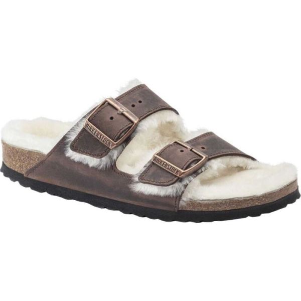 Men's Birkenstock Arizona Shearling Slide Habana/Natural Oiled Leather/Shearling - Click Image to Close