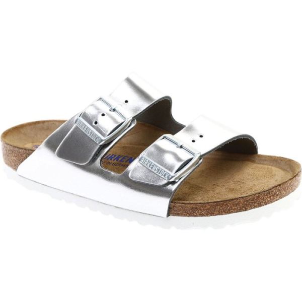 Women's Birkenstock Arizona Soft Footbed Leather Slide Metallic Silver Leather - Click Image to Close