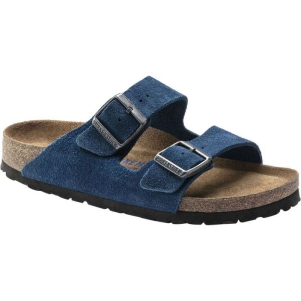 Women's Birkenstock Arizona Suede Soft Footbed Two Strap Slide Moroccan Blue Suede - Click Image to Close