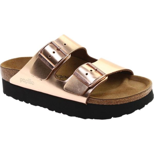 Women's Birkenstock Papillio Arizona Platform Slide Metallic Copper Leather