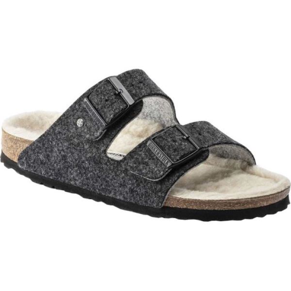 Women's Birkenstock Arizona Happy Lamb Slide Anthracite/Natural Wool - Click Image to Close