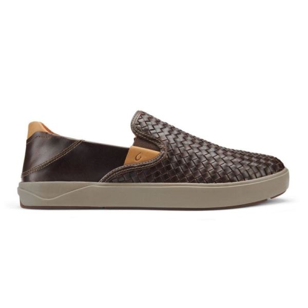 Olukai | Lae'ahi Lauhala Men's Leather Slip-On Sneakers - Dark Wood - Click Image to Close