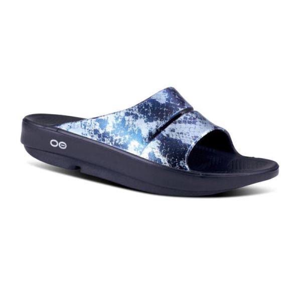 Oofos Shoes Women's OOahh Luxe Slide Sandal - Metallic Blue Snake