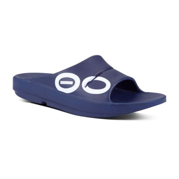 Oofos Shoes Women's OOahh Sport Slide Sandal - Navy White - Click Image to Close