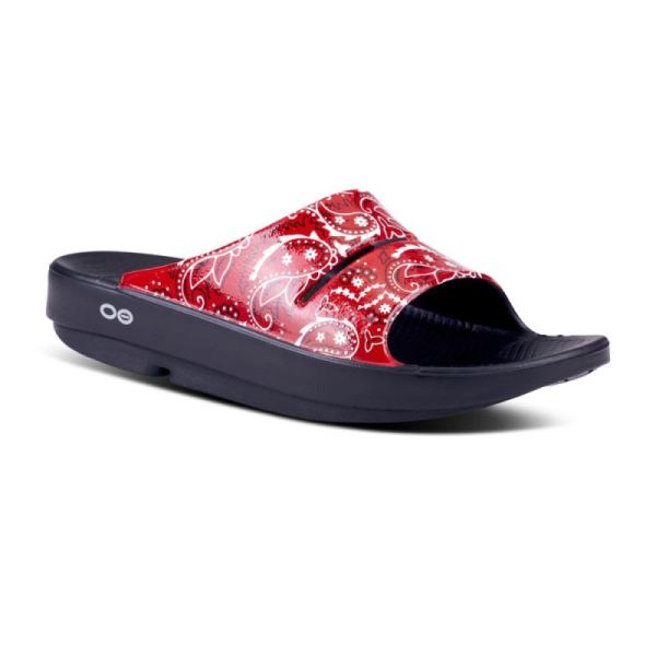 Oofos Shoes Women's OOahh Luxe Slide Sandal - Red Bandana - Click Image to Close