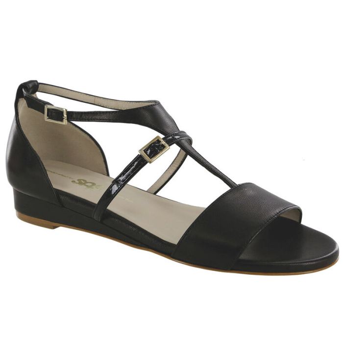 SAS Women's Sandra T-Strap Wedge Sandal-Black / Patent