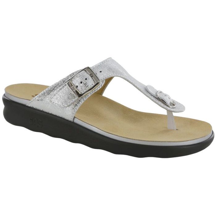 SAS Women's Sanibel T-Strap Slide Sandal-Shiny Silver