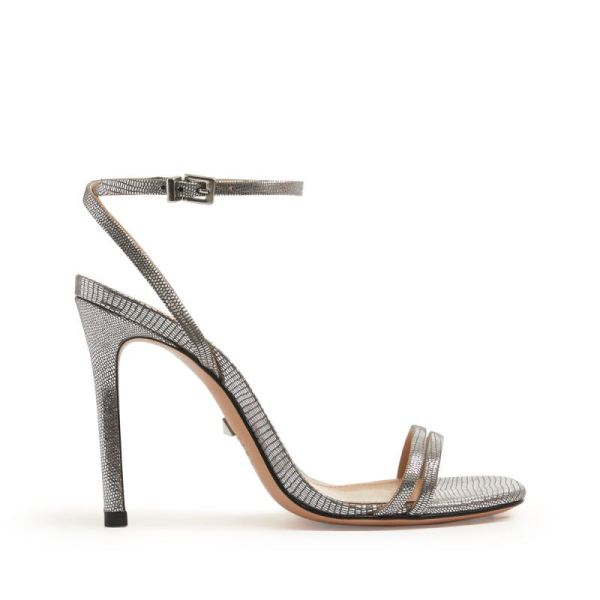 Schutz | Altina Sandal in Lizard Effect Metallic Leather -Prata Silver - Click Image to Close