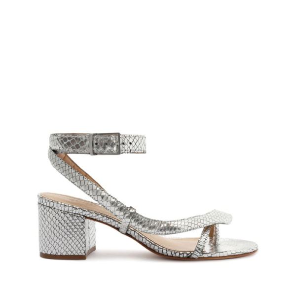 Schutz | Courtney Mid Block Metallic Leather Sandal-Silver - Click Image to Close