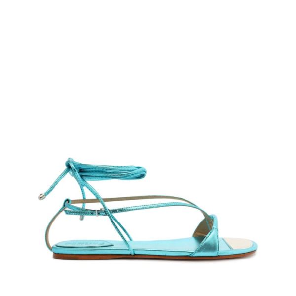 Schutz | Vikki Flat Metallic Leather Sandal-Turquesa - Click Image to Close