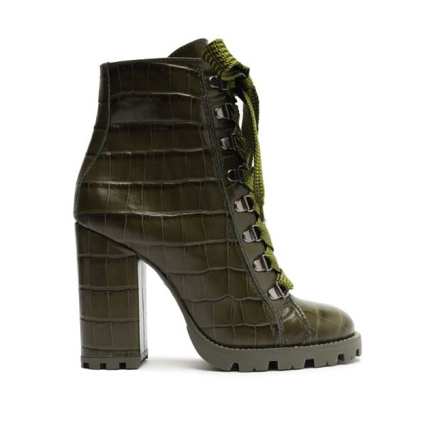 Schutz | Zhara Crocodile-Embossed Leather Bootie-Military Green - Click Image to Close