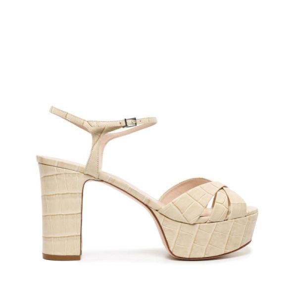 Schutz | Keefa Crocodile Embossed Leather Sandal-Almond Buff - Click Image to Close