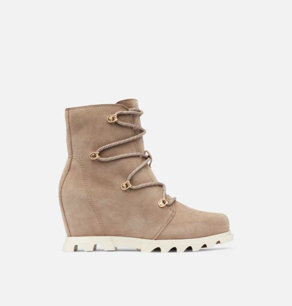 Sorel-Women's Joan Of Arctic Wedge III Lace Bootie-Omega Taupe Chalk - Click Image to Close