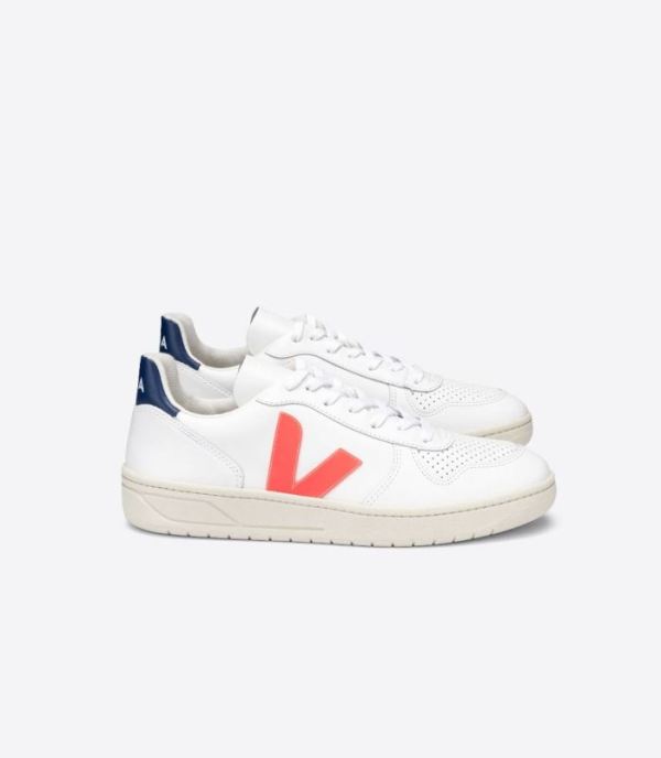 VEJA | MENS V-10 LEATHER WHITE ORANGE-FLUO COBALT - Click Image to Close