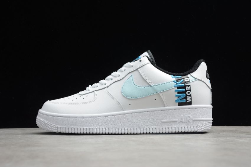 Women's Nike Air Force 1 07 Worldwide White Glacier Blue Black CJ6924-100 Running Shoes - Click Image to Close