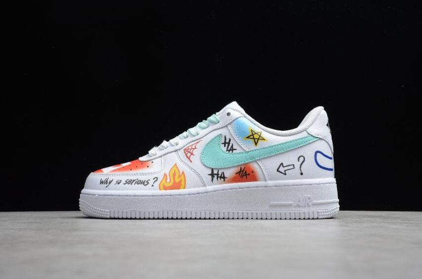 Men's Nike Air Force 1 07 White Blue Graffiti CW2288-1118 Running Shoes - Click Image to Close