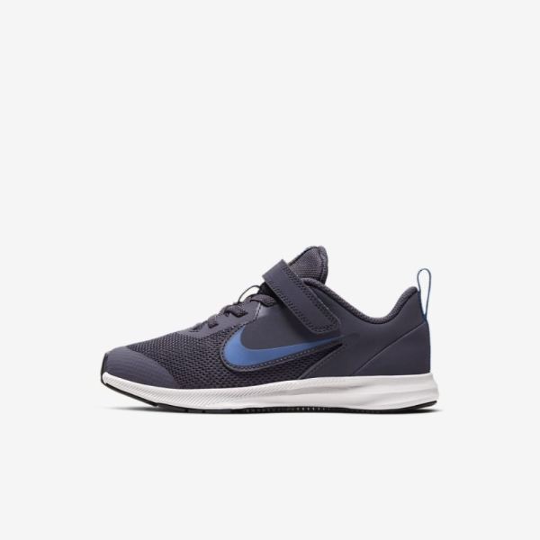 Kids Nike Downshifter 9 | Gridiron / Black / Atmosphere Grey / Mountain Blue - Click Image to Close