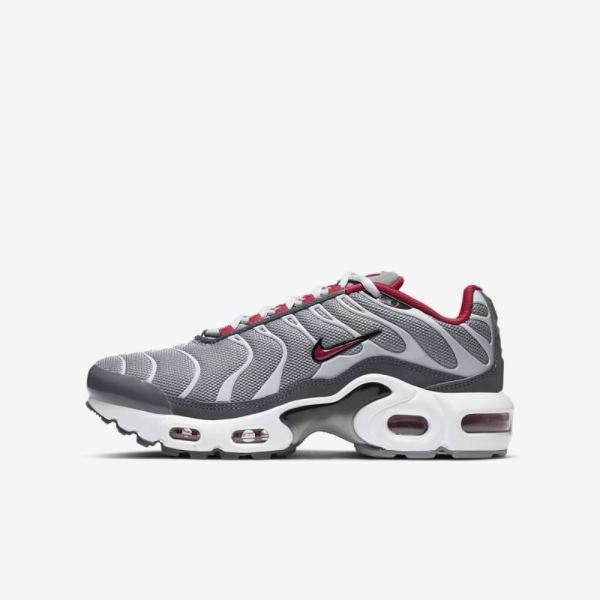 Kids Nike Air Max Plus | Particle Grey / Iron Grey / Grey Fog / University Red - Click Image to Close