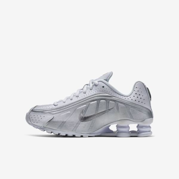 Kids Nike Shox R4 | White / Metallic Silver / Bright Crimson / Metallic Silver