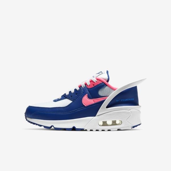 Kids Nike Air Max 90 FlyEase | White / White / Deep Royal Blue / Hyper Pink - Click Image to Close