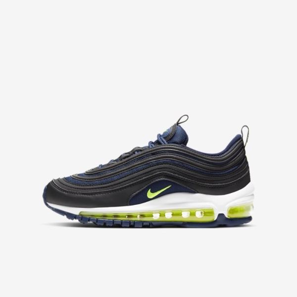 Kids Nike Air Max 97 | Black / Midnight Navy / White / Lemon Venom - Click Image to Close