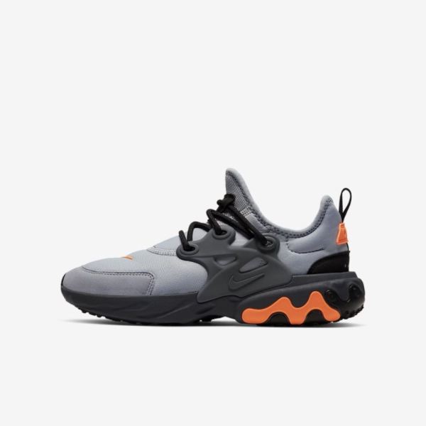 Kids Nike React Presto | Wolf Grey / Dark Grey / Black / Total Orange