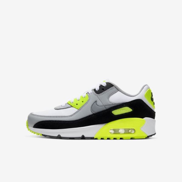 Kids Nike Air Max 90 LTR | White / Light Smoke Grey / Volt / Particle Grey