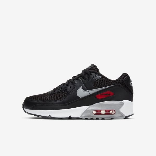 Kids Nike Air Max 90 | Black / University Red / White / Particle Grey - Click Image to Close