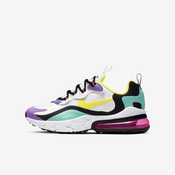 Kids Nike Air Max 270 React | White / Black / Bright Violet / Dynamic Yellow