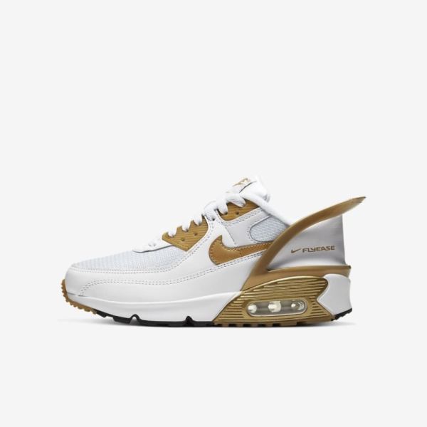 Kids Nike Air Max 90 FlyEase | White / White / Black / Metallic Gold - Click Image to Close