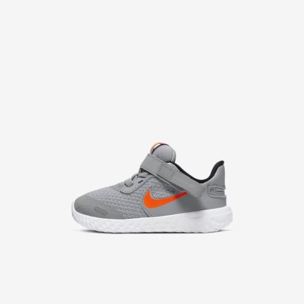 Kids Nike Revolution 5 FlyEase | Light Smoke Grey / White / Black / Total Orange - Click Image to Close