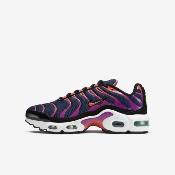 Kids Nike Air Max Plus | Blue Void / Black / Kinetic Green / Magic Ember - Click Image to Close