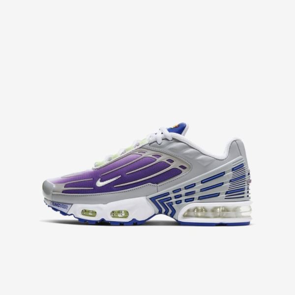 Kids Nike Air Max Plus 3 | Light Smoke Grey / Purple Nebula / Hyper Blue / Barely Volt - Click Image to Close