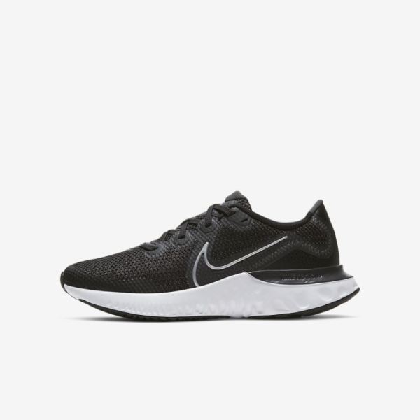 Kids Nike Renew Run | Black / White / Wolf Grey / Metallic Silver