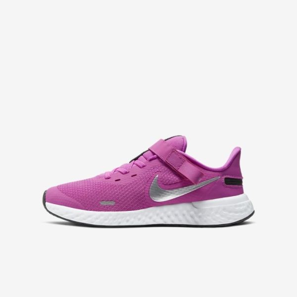 Kids Nike Revolution 5 FlyEase | Active Fuchsia / Black / Metallic Silver - Click Image to Close