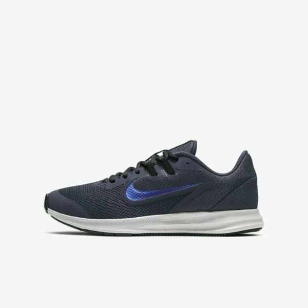 Kids Nike Downshifter 9 | Gridiron / Black / Atmosphere Grey / Mountain Blue - Click Image to Close