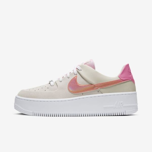 Kids Nike Air Force 1 Sage Low | Light Bone / Pink Foam / Digital Pink / Hyper Crimson - Click Image to Close