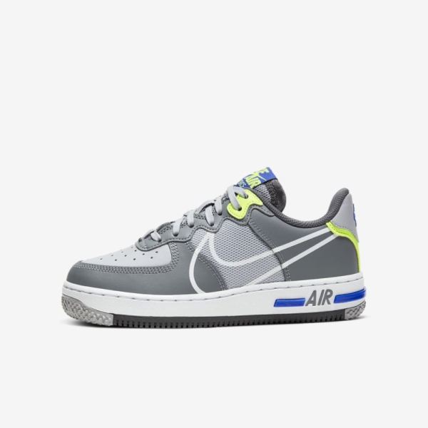 Kids Nike Air Force 1 React | Wolf Grey / Smoke Grey / Dark Grey / White - Click Image to Close