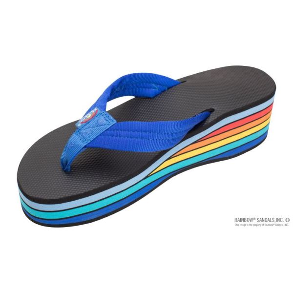 Rainbow | Women's Six Layer Wedge Soft Rubber Top with EVA Filled 1" Nylon Strap-Blue / Rainbow - Click Image to Close