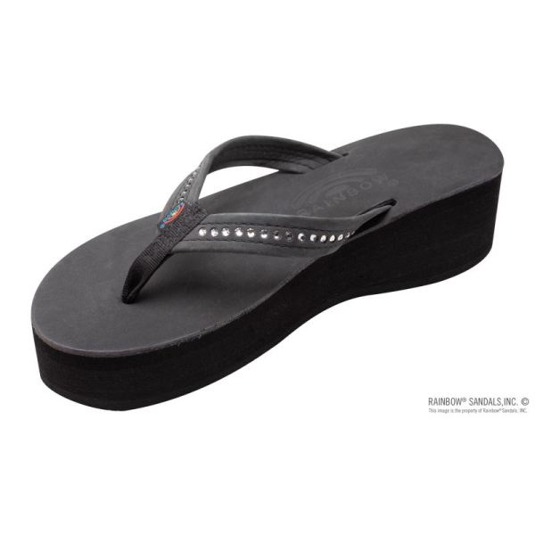 Rainbow | Women's Six Layer Leather Wedge - 3/4" Strap with Swarovski Crystals-Premier Black