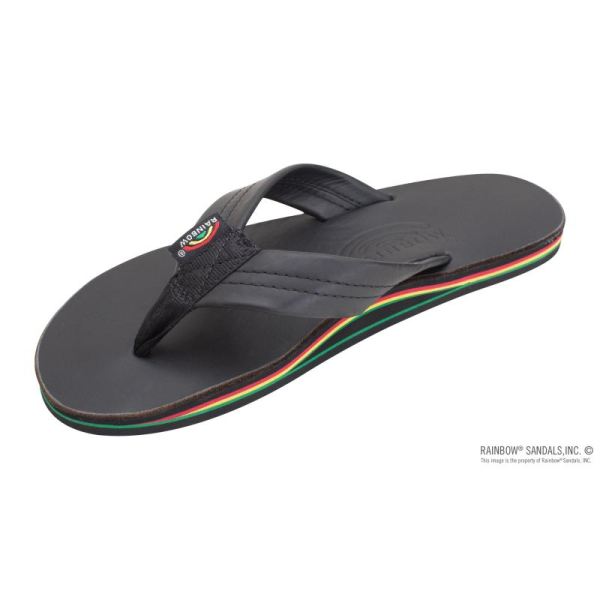 Rainbow | Women's The Rastafarian - Single Layer Classic Black Leather with Rasta Mid Sole and 1" Strap-Classic Black - Click Image to Close